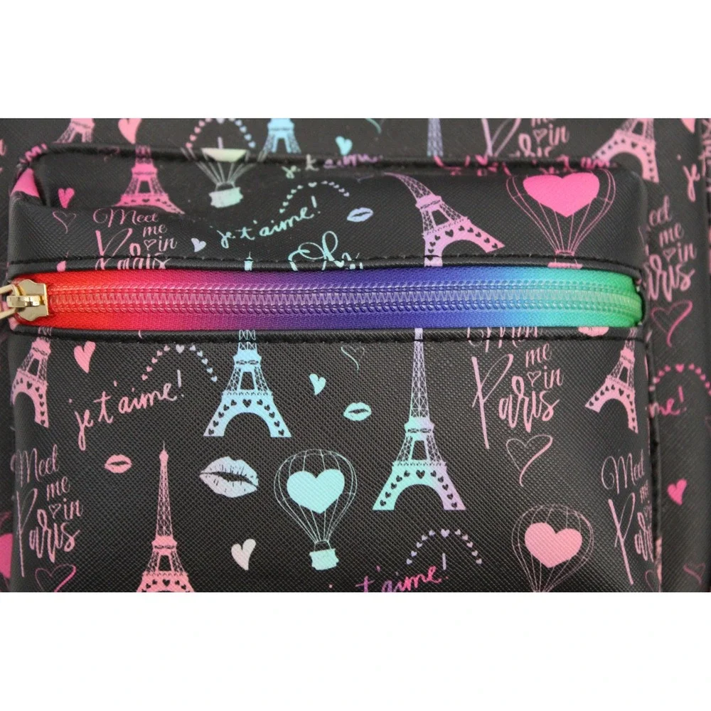 Paris Theme Mini Backpack Black Faux Leather Rainbow Zipper Eiffel Tower Print